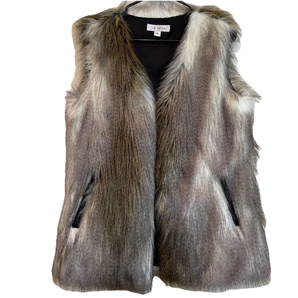 Via Spiga Women’s Feathered Faux Fur Vest Pockets - S